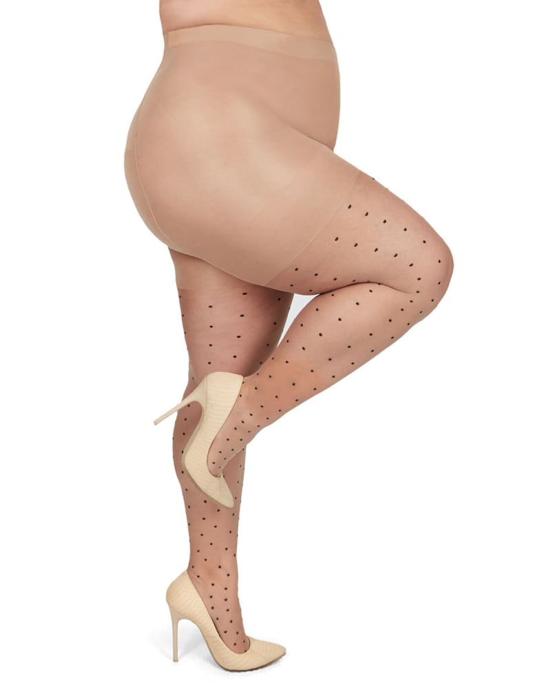 Side of a model wearing a size 3X-4X Pindot Sheer Plus Size Curvy Control Top Tights in Nude-Black by Memoi. | dia_product_style_image_id:299868